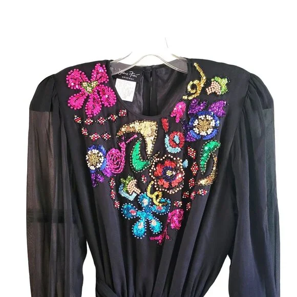 Vintage Diane Freis Original Black Silk Dress With Colorful Beaded Floral Design - Picture 5 of 7